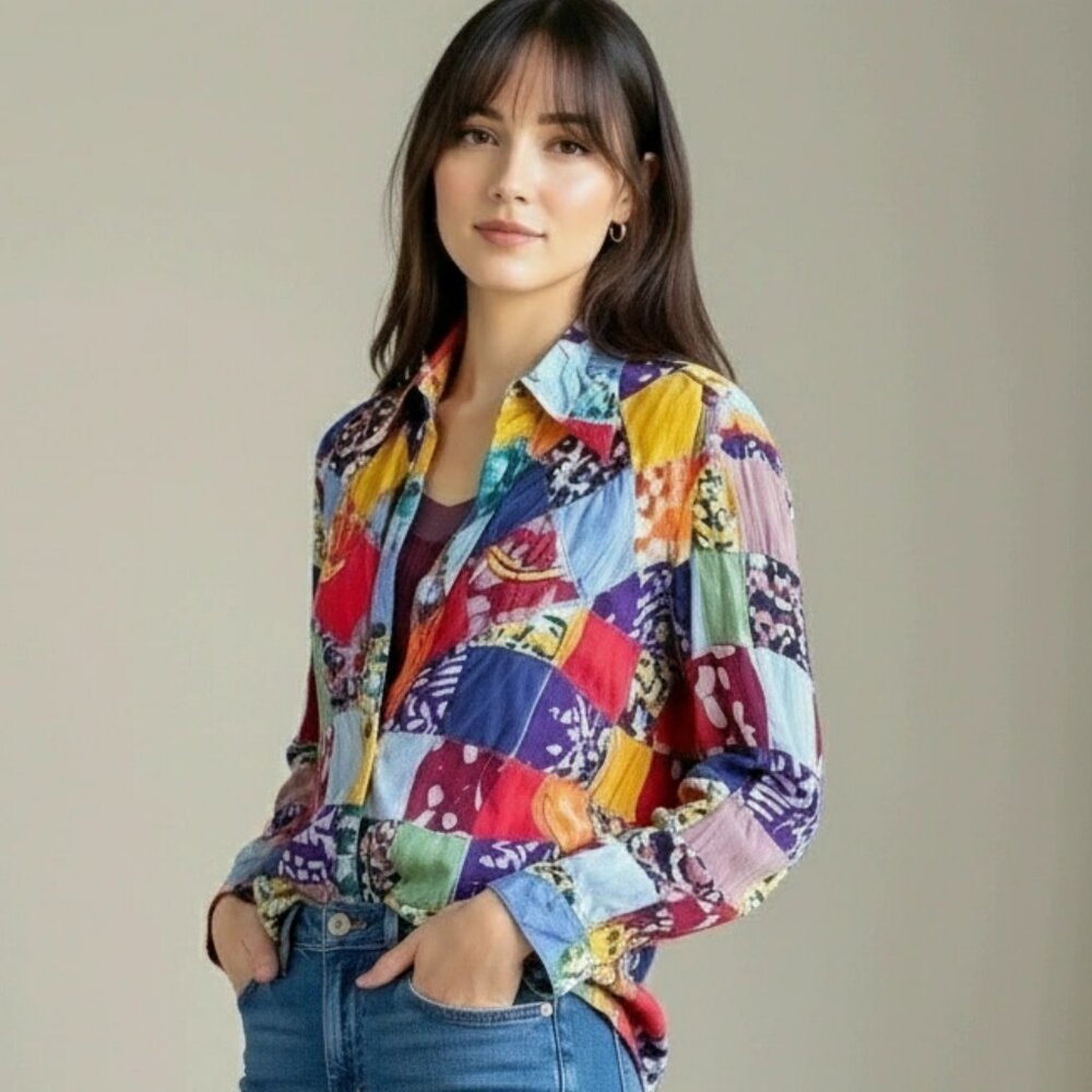 Vintage 90's Patchwork 100% Cotton Made in India Long Sleeve Button Up Shirt